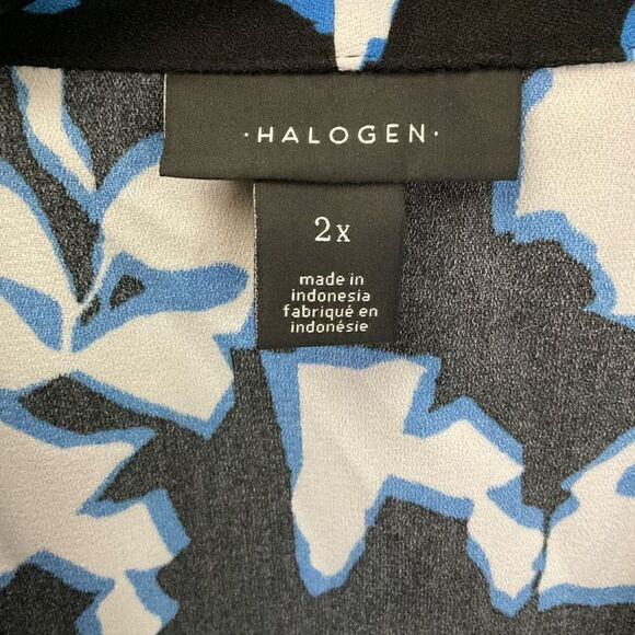 Halogen Button Down Blouse V-neck Black White Blue Floral Button Cuffs Women 2X - Picture 3 of 11